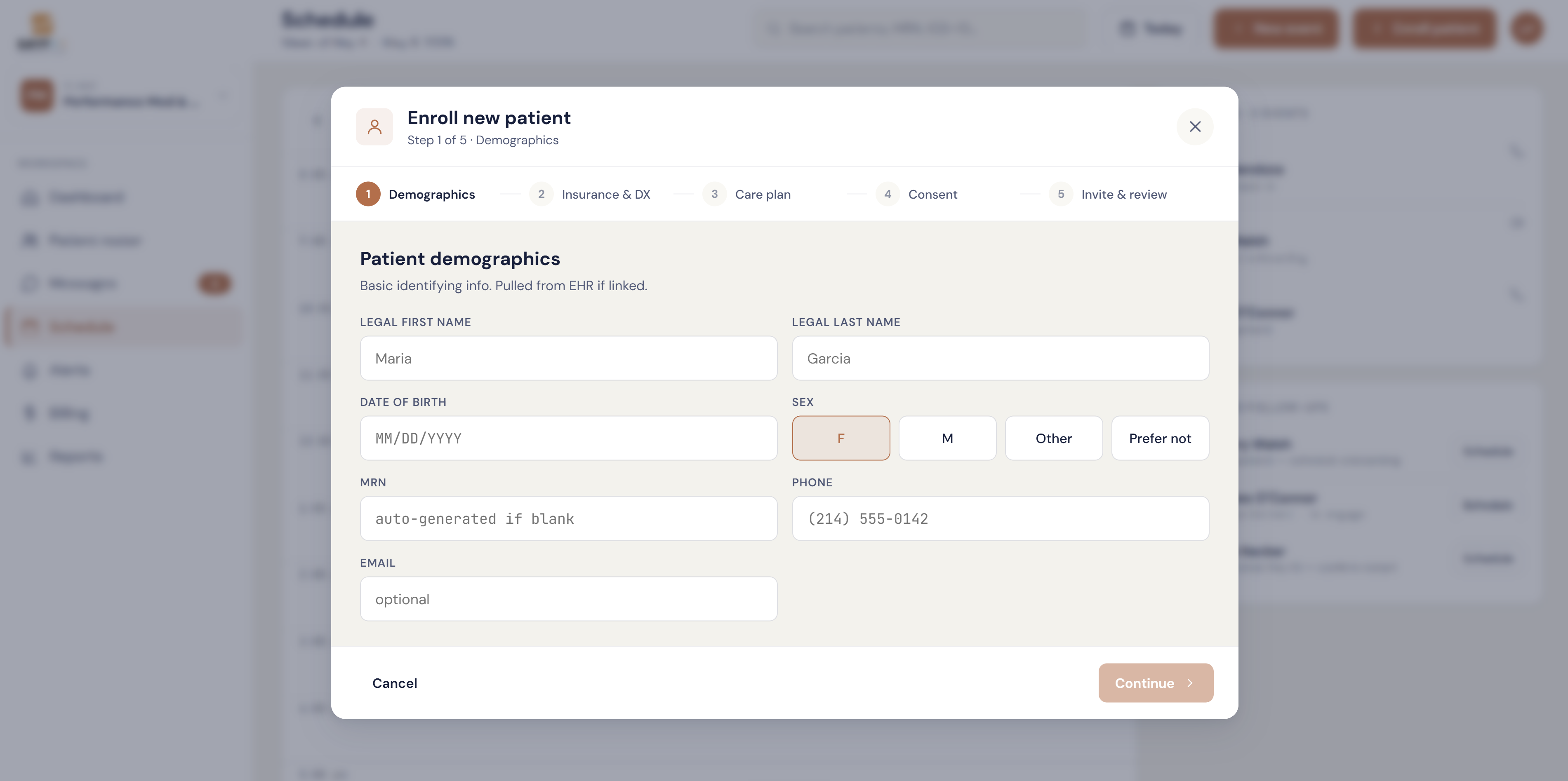 Five-step patient enrollment — demographics, insurance, care plan, consent, and invite — built so a coordinator can run it in under 6 minutes.