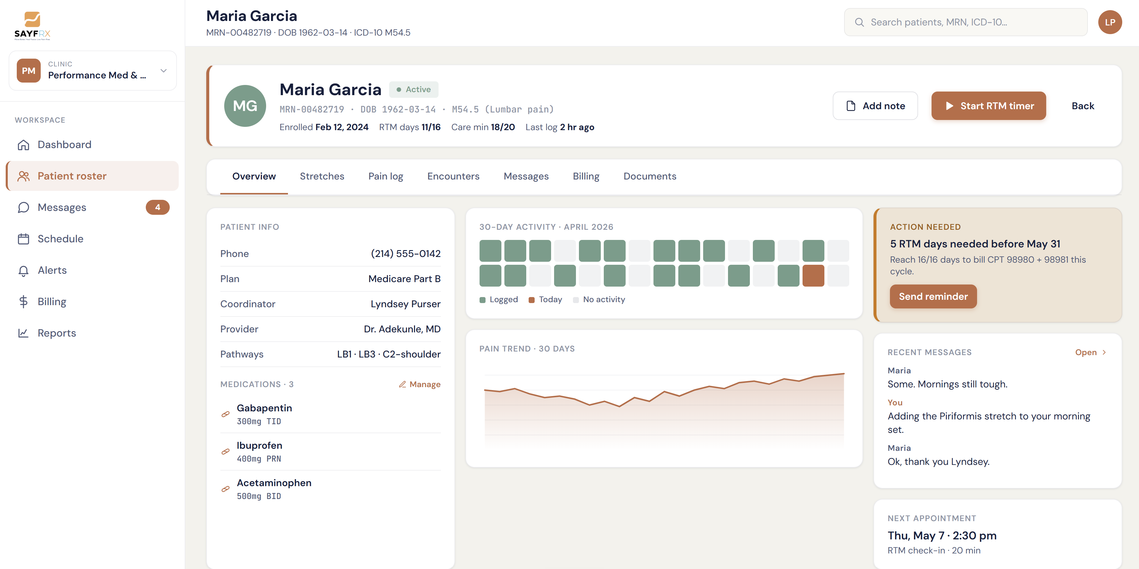 Patient detail in Sayf Connect — vitals trend, RTM/CCM care minutes, coordinator messaging, and billing surface on one screen.